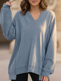 Color Stripe V-Neck Loose Sweatshirt for Women_CWTTL01111