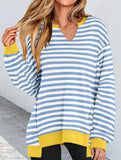 Color Stripe V-Neck Loose Sweatshirt for Women_CWTTL01111