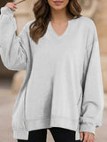 Color Stripe V-Neck Loose Sweatshirt for Women_CWTTL01111