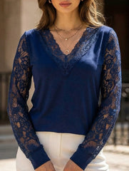 Lace Trim V-Neck Sheer Long Sleeve Top_CWTTL01113