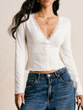 Lace V Neck Long Sleeve Slim T Shirt_CWTTL01122