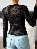 Printed Sheer Lace Long Sleeve Slim T Shirt_CWTTL01143