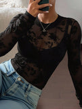 Printed Sheer Lace Long Sleeve Slim T Shirt_CWTTL01143