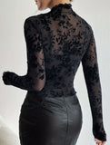 Printed Sheer Lace Long Sleeve Slim T Shirt_CWTTL01143