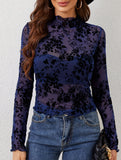 Printed Sheer Lace Long Sleeve Slim T Shirt_CWTTL01143