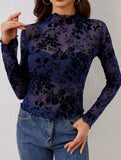 Printed Sheer Lace Long Sleeve Slim T Shirt_CWTTL01143