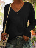 Solid V Neck Loose Long Sleeve T Shirt