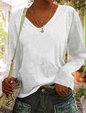 Solid V Neck Loose Long Sleeve T Shirt