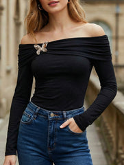 Off Shoulder Bow Brooch Slim Fit Top