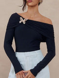 Off Shoulder Bow Brooch Slim Fit Top
