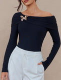 Off Shoulder Bow Brooch Slim Fit Top
