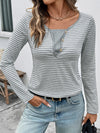 V Neck Stripe Long Sleeve Casual Top