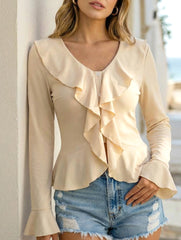 Flare Sleeve Ruffle Waist Solid Top