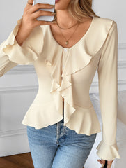 Flare Sleeve Ruffle Waist Solid Top