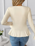 Flare Sleeve Ruffle Waist Solid Top