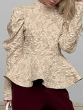 French Vintage Puff Sleeve Jacquard Top