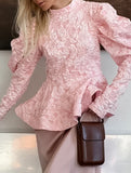 French Vintage Puff Sleeve Jacquard Top