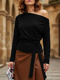 One-Shoulder Long Sleeve Tie Waist Work Top_CWTTL01179