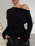 One-Shoulder Long Sleeve Tie Waist Work Top_CWTTL01179