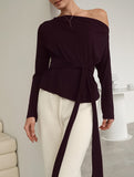 One-Shoulder Long Sleeve Tie Waist Work Top_CWTTL01179