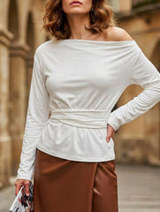 One-Shoulder Long Sleeve Tie Waist Work Top_CWTTL01179