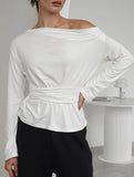 One-Shoulder Long Sleeve Tie Waist Work Top_CWTTL01179