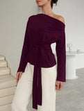 One-Shoulder Long Sleeve Tie Waist Work Top_CWTTL01179