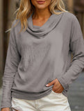 Solid Draped Neck Long Sleeve T Shirt