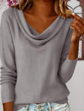 Solid Draped Neck Long Sleeve T Shirt