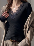Lace Trim V Neck Long Sleeve Tee