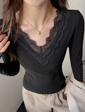 Lace Trim V Neck Long Sleeve Tee