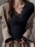 Lace Trim V Neck Long Sleeve Tee