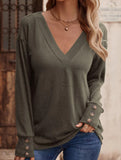 Solid V Neck Button Loose Long Sleeve Tee_CWTTL01231