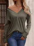 Solid V Neck Button Loose Long Sleeve Tee_CWTTL01231