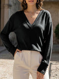 Solid V Neck Button Loose Long Sleeve Tee_CWTTL01231