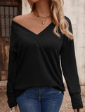 Solid V Neck Button Loose Long Sleeve Tee_CWTTL01231