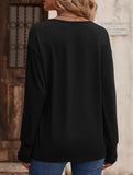 Solid V Neck Button Loose Long Sleeve Tee_CWTTL01231