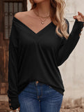 Solid V Neck Button Loose Long Sleeve Tee_CWTTL01231