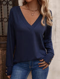 Solid V Neck Button Loose Long Sleeve Tee_CWTTL01231