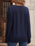 Solid V Neck Button Loose Long Sleeve Tee_CWTTL01231