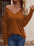 Solid V Neck Button Loose Long Sleeve Tee_CWTTL01231