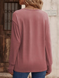Solid V Neck Button Loose Long Sleeve Tee_CWTTL01231
