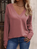 Solid V Neck Button Loose Long Sleeve Tee_CWTTL01231