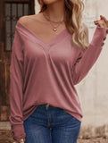 Solid V Neck Button Loose Long Sleeve Tee_CWTTL01231