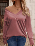 Solid V Neck Button Loose Long Sleeve Tee_CWTTL01231