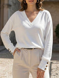 Solid V Neck Button Loose Long Sleeve Tee_CWTTL01231