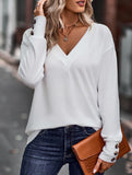 Solid V Neck Button Loose Long Sleeve Tee_CWTTL01231