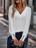 Solid V Neck Button Loose Long Sleeve Tee_CWTTL01231