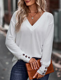Solid V Neck Button Loose Long Sleeve Tee_CWTTL01231