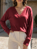Solid V Neck Button Loose Long Sleeve Tee_CWTTL01231